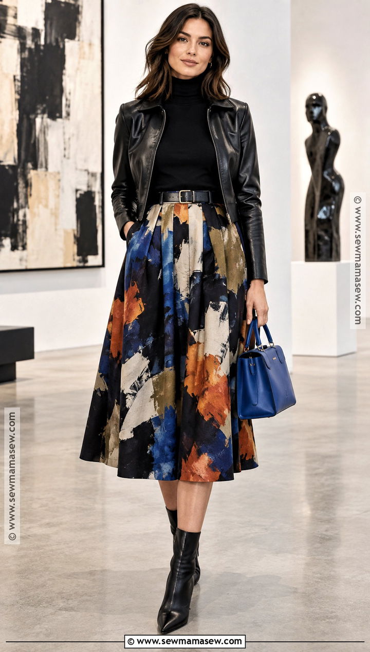 Emily In Paris Fall Black Turtleneck And Printed Midi Skirt Outfit - 15 Emily In Paris Outfits Fall
