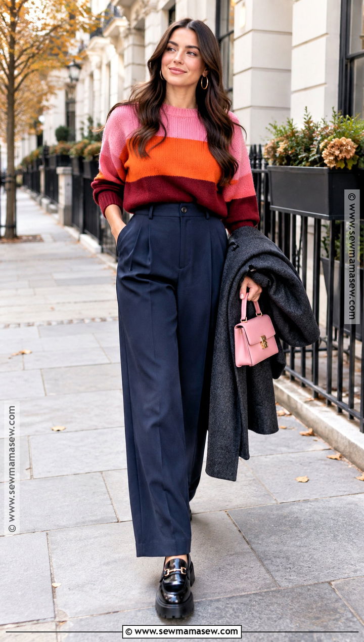 Emily In Paris Fall Color Block Sweater And Trousers Outfit - 15 Emily In Paris Outfits Fall