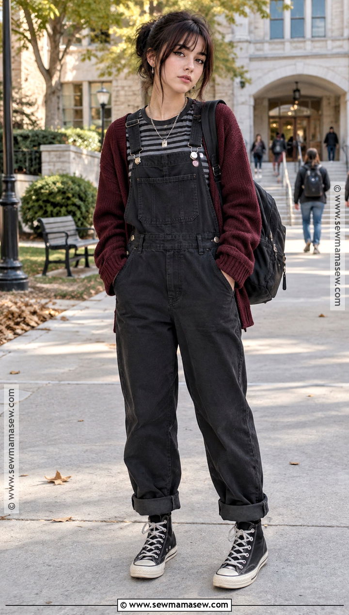 Emo Black Overalls And Striped Tee Outfit - 15 back to school emo outfits