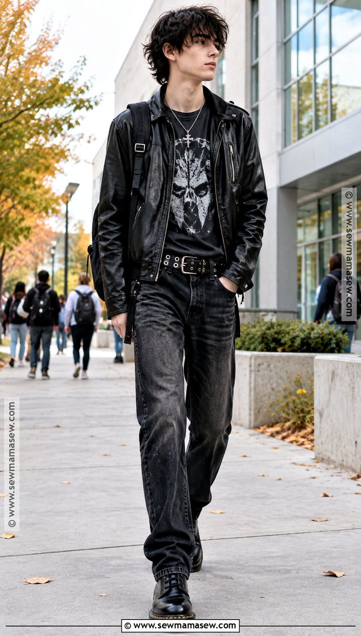 Emo Leather Jacket And Straight Jeans Outfit - 15 back to school emo outfits