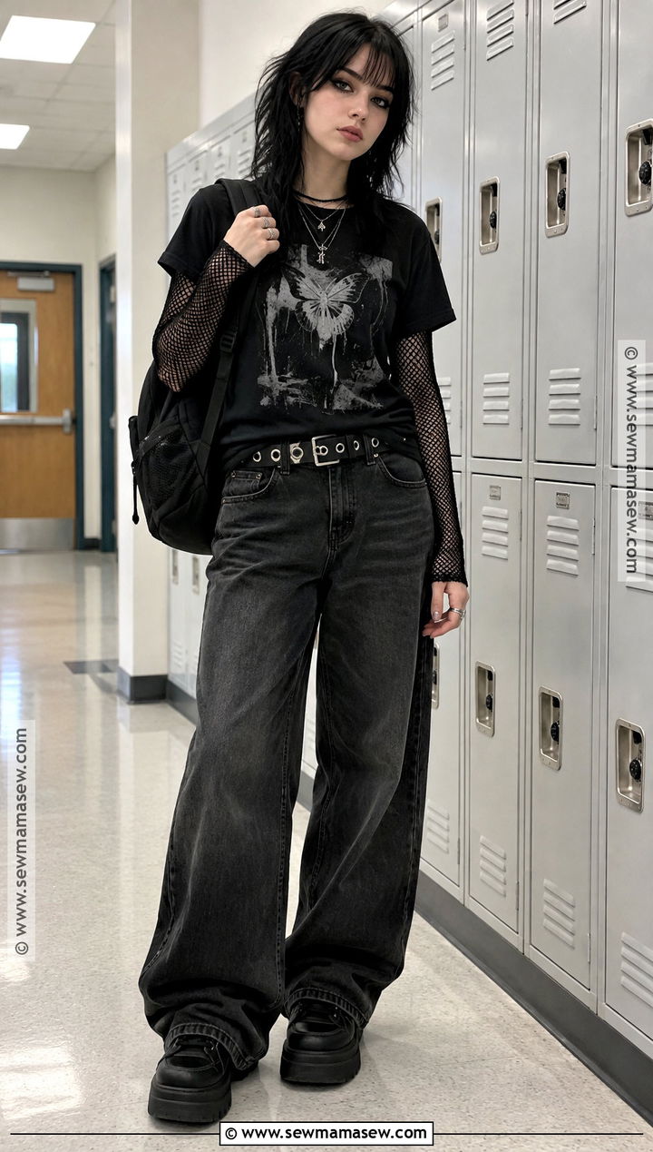 Emo Mesh Layer And Wide Leg Jeans Outfit - 15 back to school emo outfits