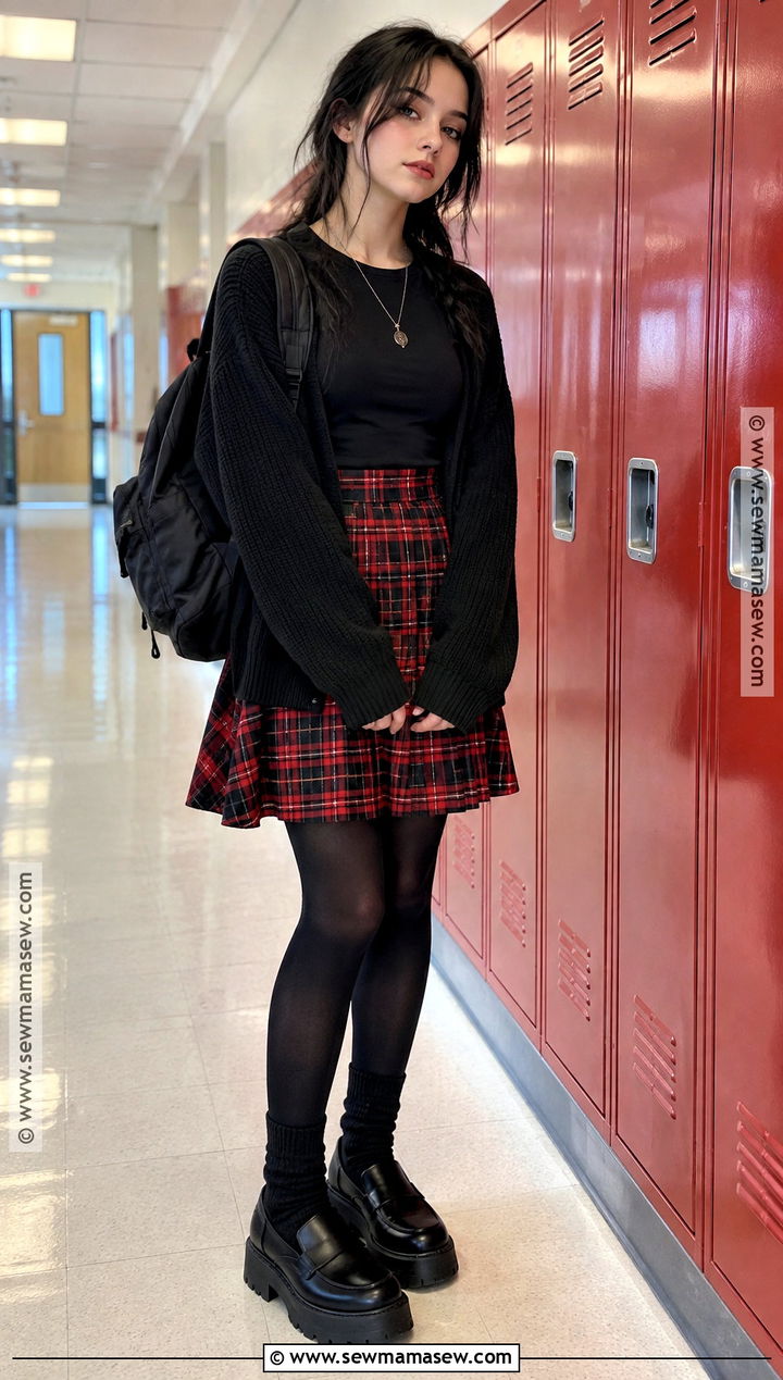 Emo Plaid Skirt And Cardigan Outfit - 15 back to school emo outfits