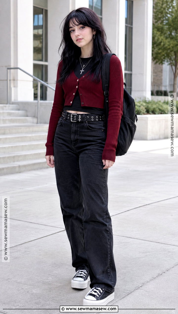 Emo Red Cardigan And Black Jeans Outfit - 15 back to school emo outfits
