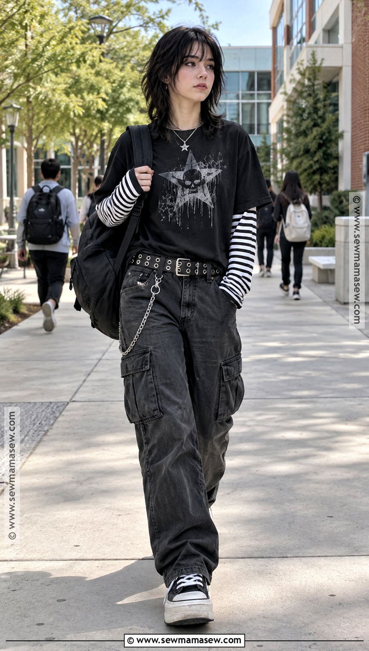 Emo Striped Shirt And Cargo Pants Outfit - 15 back to school emo outfits