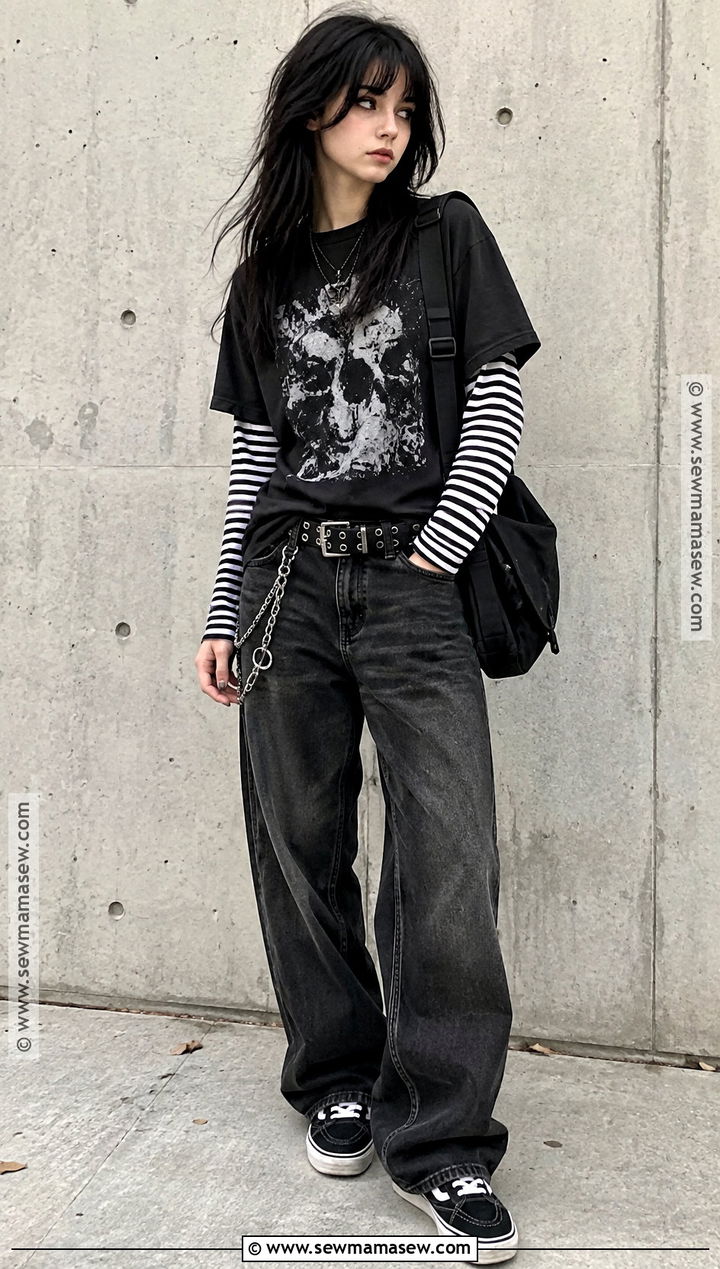 Emo Striped Top And Baggy Jeans Outfit - 20 alt fall fashion ideas