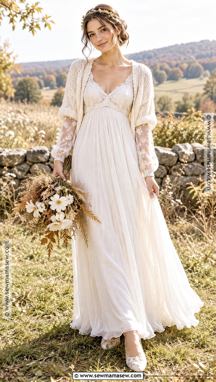 Empire Waist Boho Wedding Dress With Embroidered Flats - 15 boho wedding dress fall ideas
