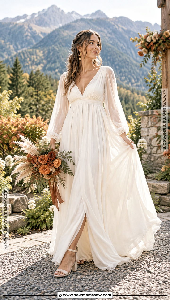 Empire Waist Chiffon Boho Wedding Dress - 20 boho fall wedding dress ideas