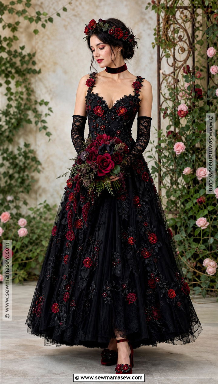 Enchanted Rose Queen Long Black Dress Costume - 30 long black dress halloween costume ideas