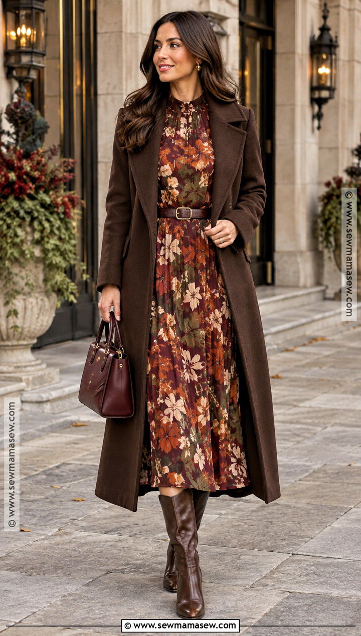Espresso Coat And Autumn Print Dress Outfit - 20 Autumn Tone Outfits