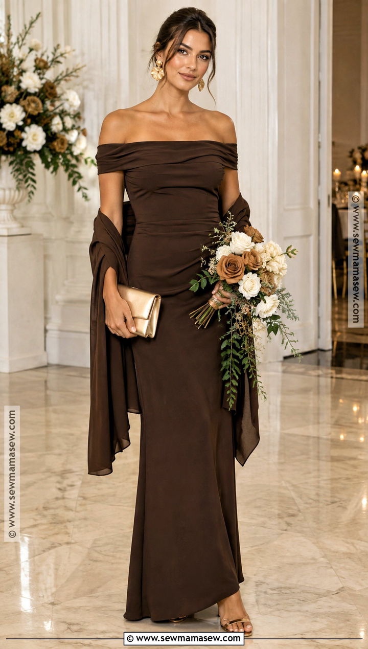 Espresso Off the Shoulder October Bridesmaid Dress - 15 fall wedding ideas october bridesmaid dresses