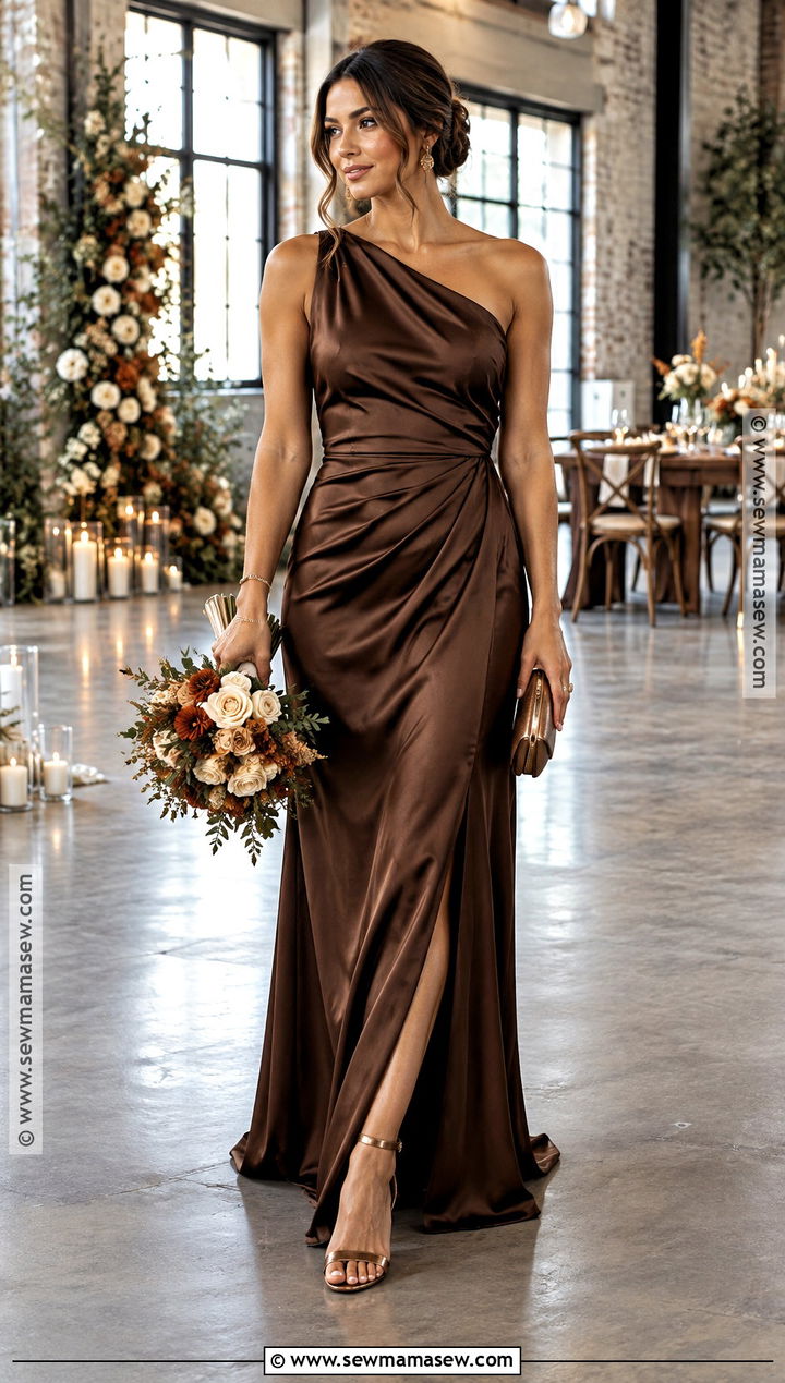 Espresso Satin Bridesmaid Dress With Bronze Accessories - 15 Moody Fall Bridesmaid Dresses