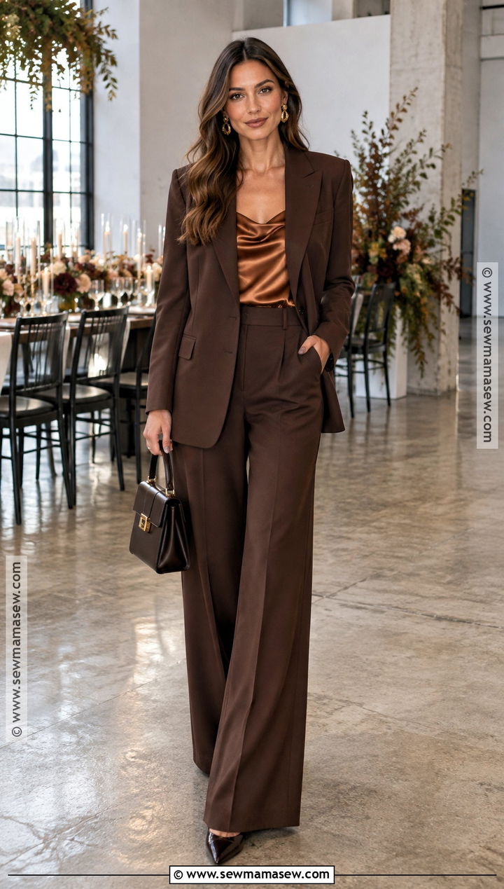 Espresso Wide Leg Suit Fall Wedding Party Outfit - 20 fall wedding party attire ideas