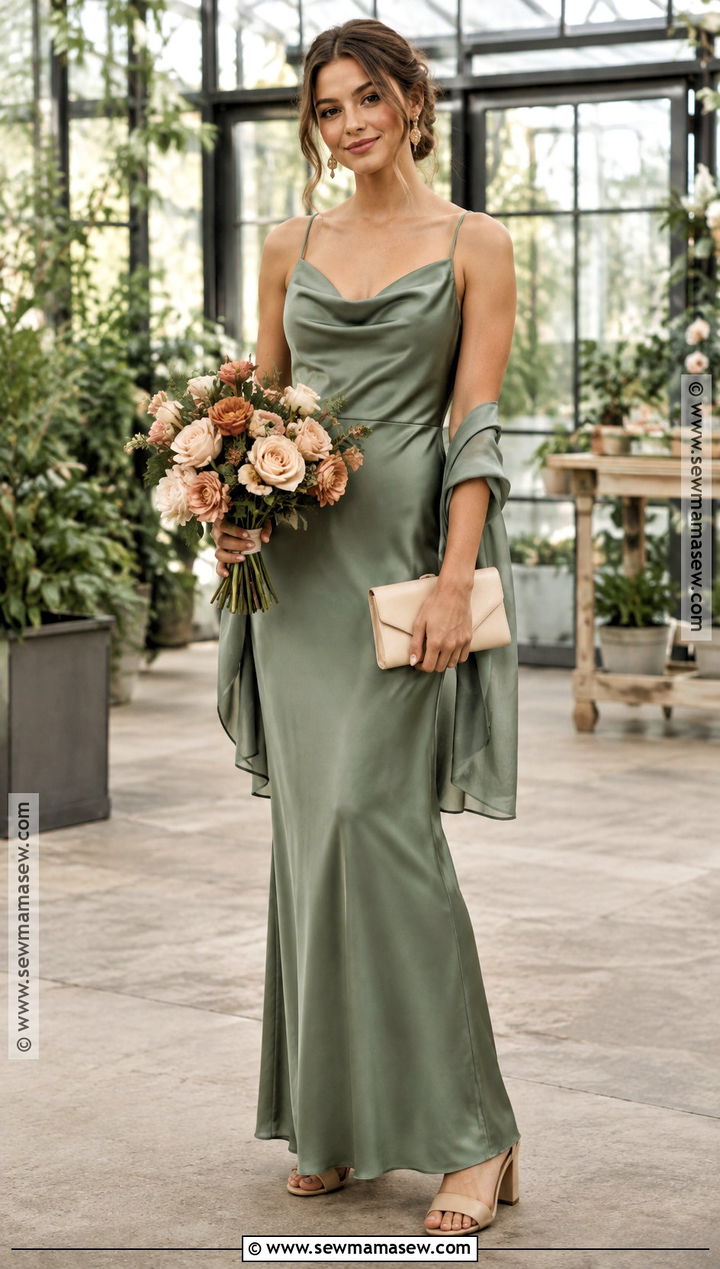 Eucalyptus Green Satin Cowl Neck Bridesmaid Dress - 15 October Bridesmaid Dresses Green