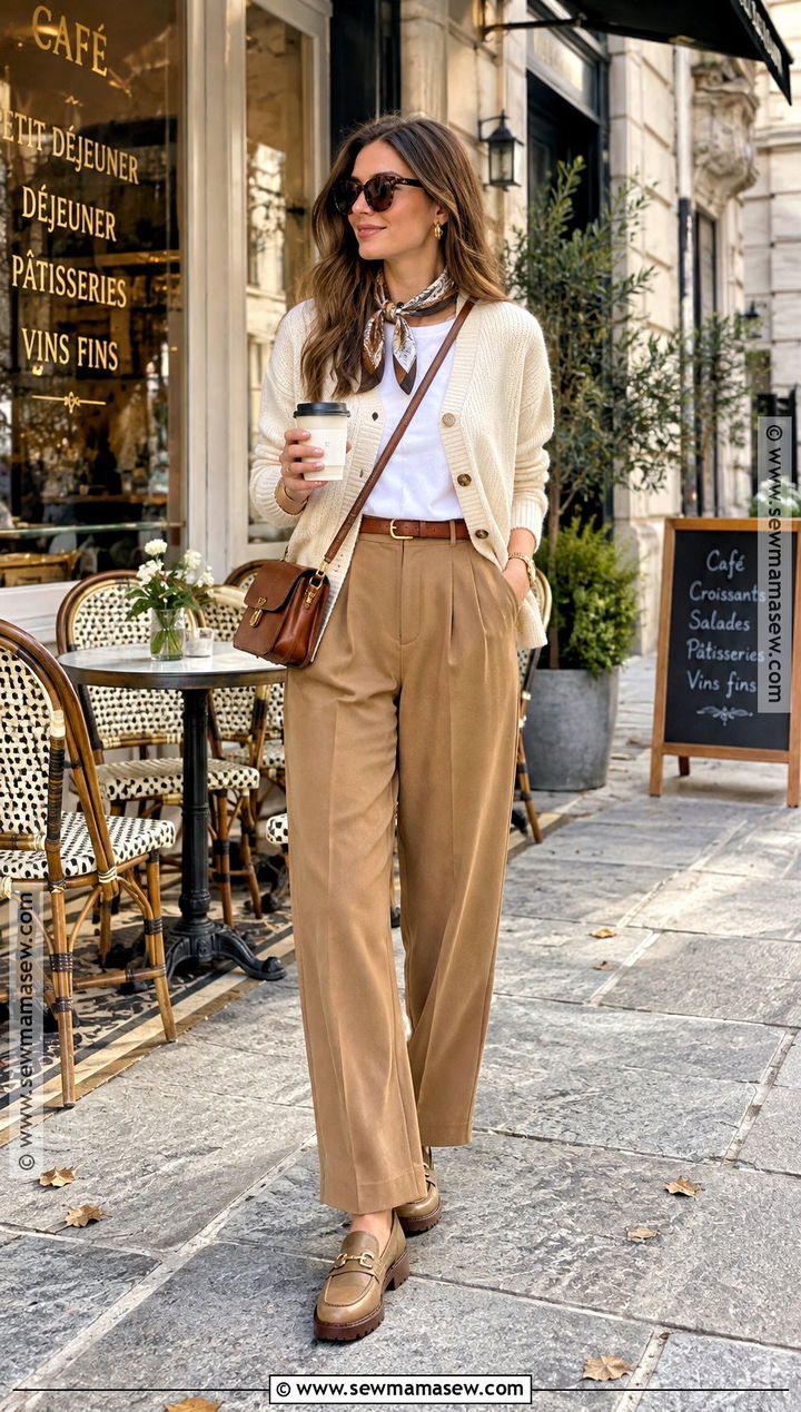 Europe Fall Cafe Outfit With Cardigan And Trousers - 15 europe travel outfits fall carry on