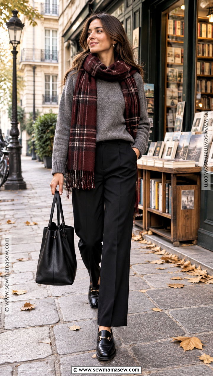 European Fall Sweater And Scarf With Trousers Outfit - 20 Fall European Outfits