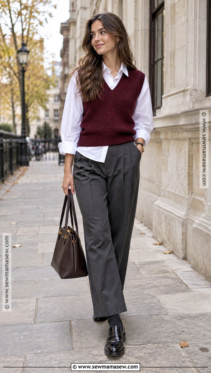 European Fall Sweater Vest And White Shirt Outfit - 20 Fall European Outfits