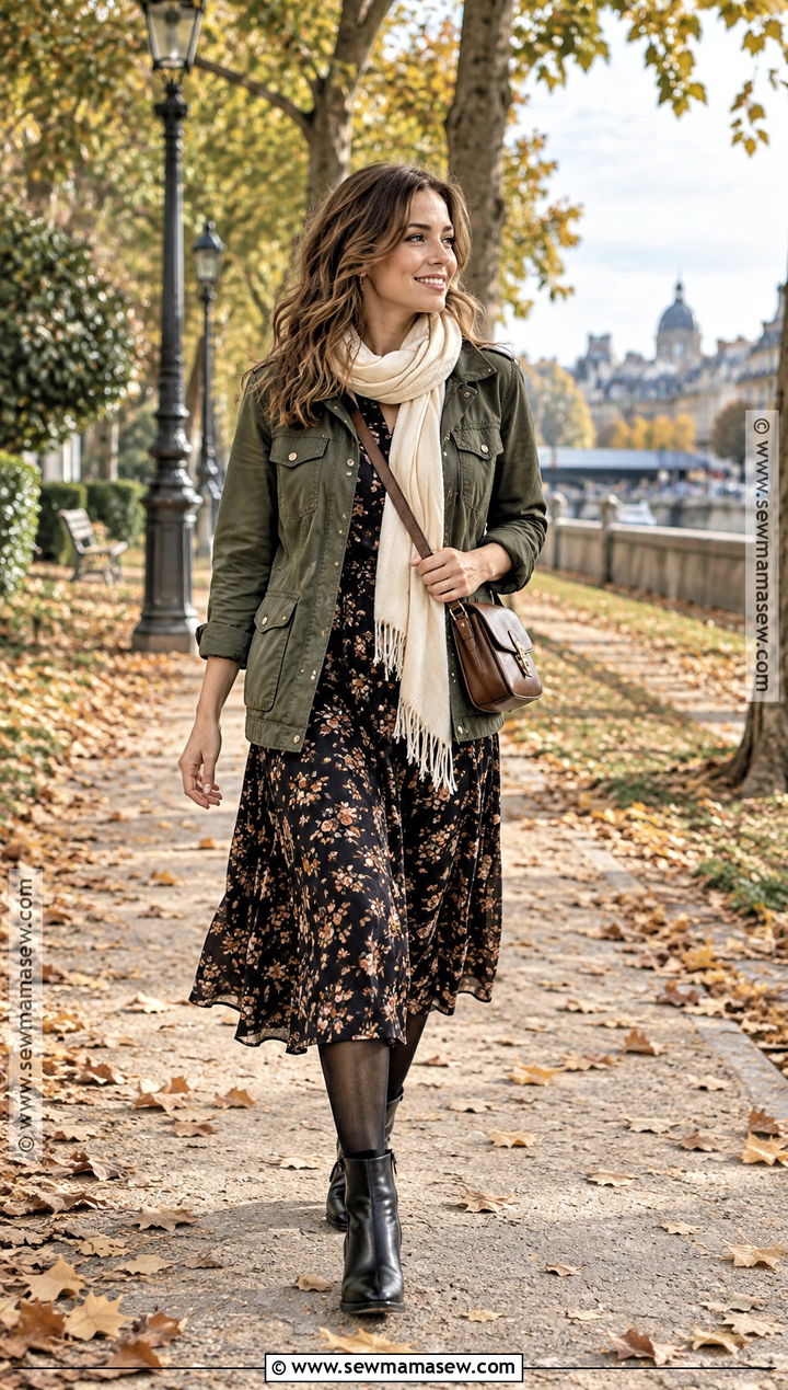 European Fall Utility Jacket And Midi Dress Outfit - 20 Fall European Outfits
