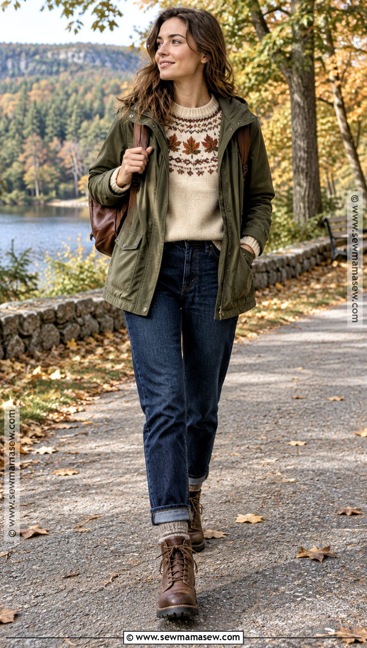 Fair Isle Autumn Leaves Sweater With Dark Jeans - 15 Autumn Leaves Sweater Ideas
