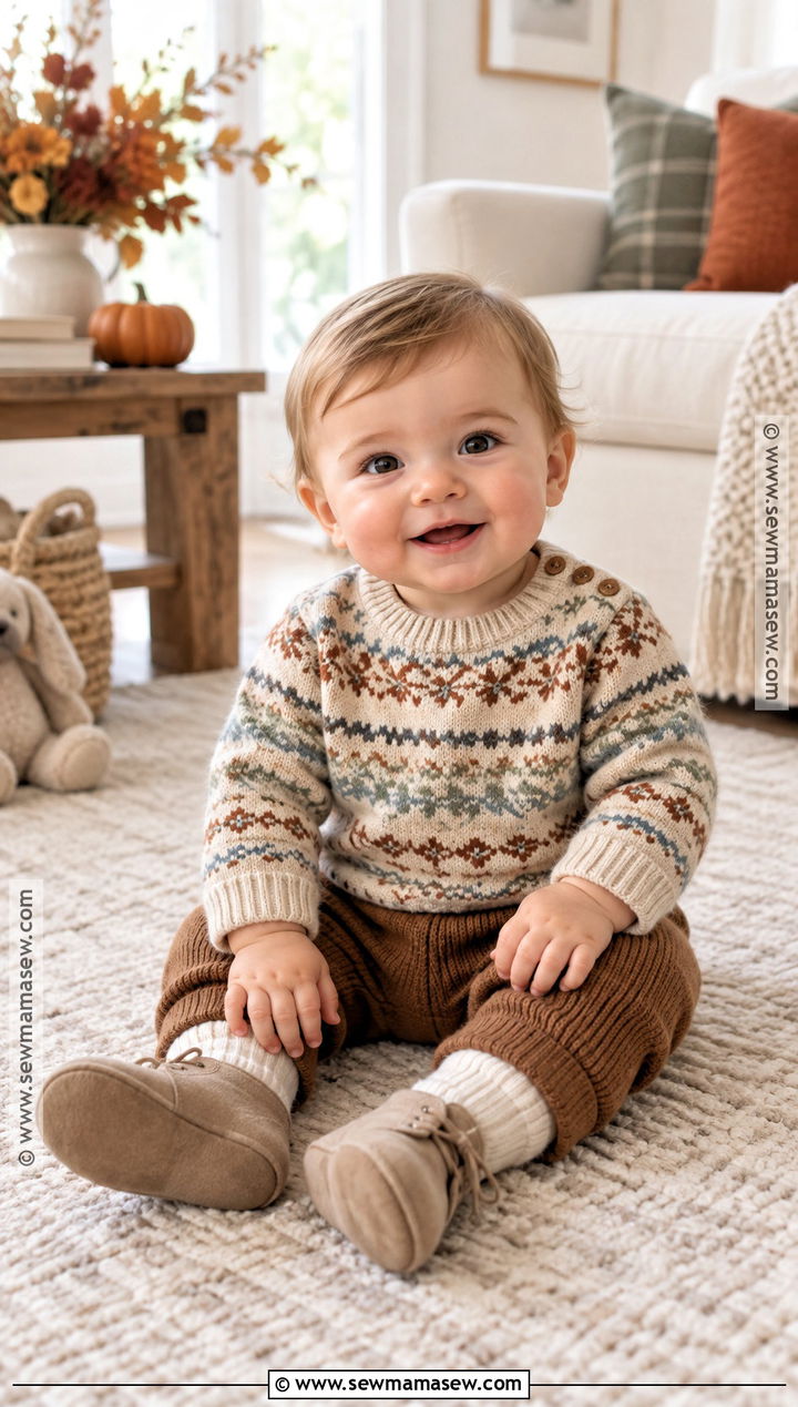 Fair Isle Baby Sweater With Solid Knit Pants - 15 Cute Baby Sweater Fall Ideas