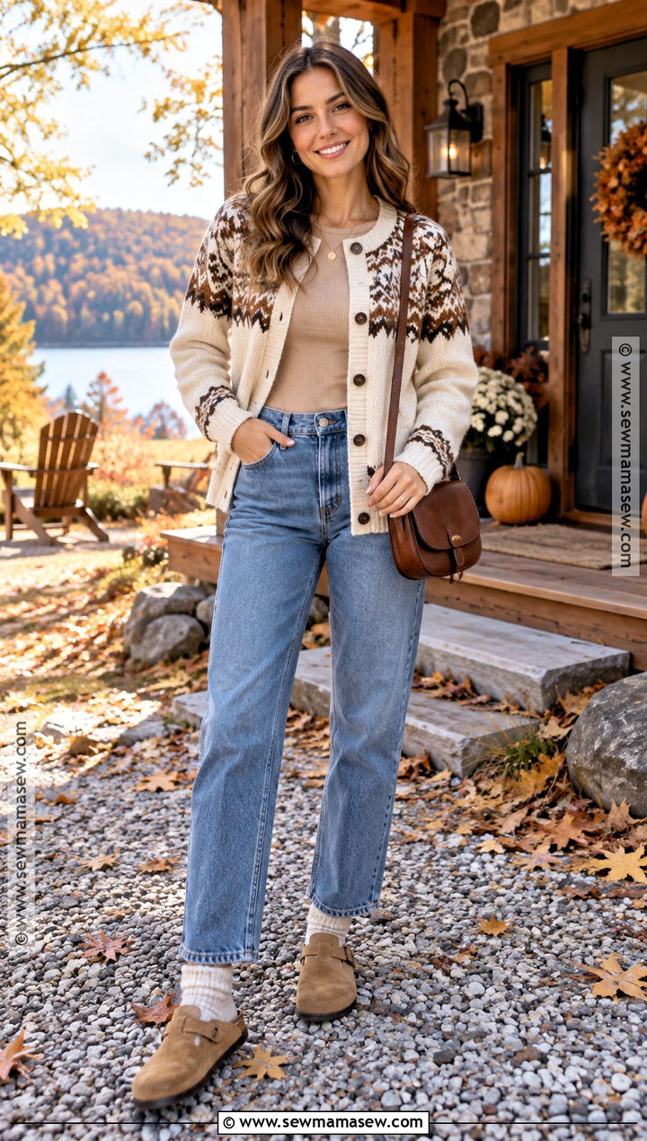Fair Isle Cardigan And Jeans Thanksgiving Outfit - 20 Women Thanksgiving Outfit Ideas