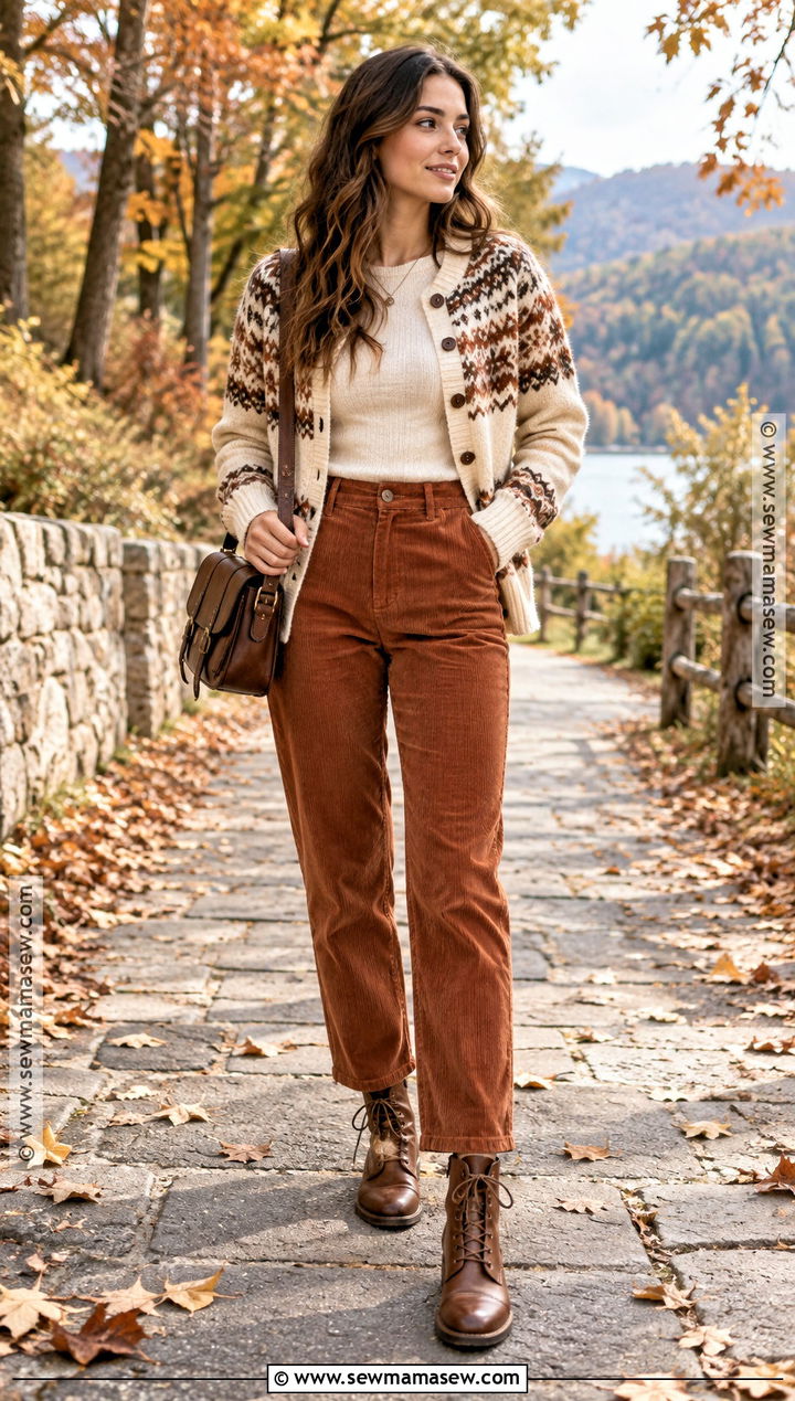 Fair Isle Cardigan With Corduroy Pants - 20 autumn cardigan ideas