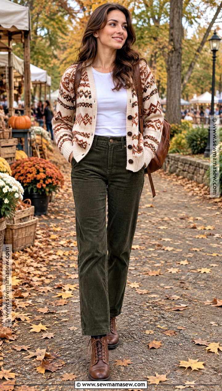 Fair Isle Cardigan With Corduroy Pants - 20 autumn cardigan outfit ideas