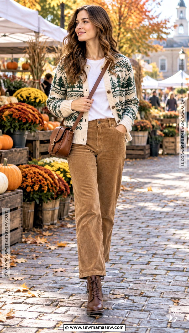 Fair Isle Cardigan With Corduroy Pants - 25 fall outfits cardigans