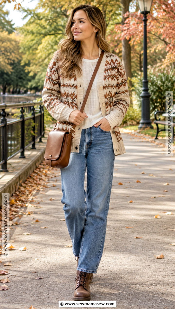 Fair Isle Cardigan With Relaxed Jeans - 15 Fall Cardigans for Women