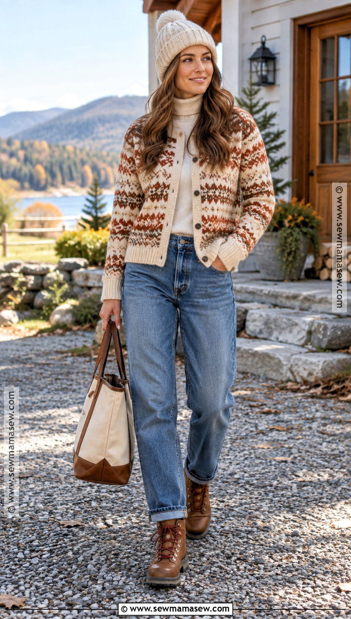 Fair Isle Cardigan With Relaxed Jeans - 15 Fall Cardigan Outfits Aesthetic