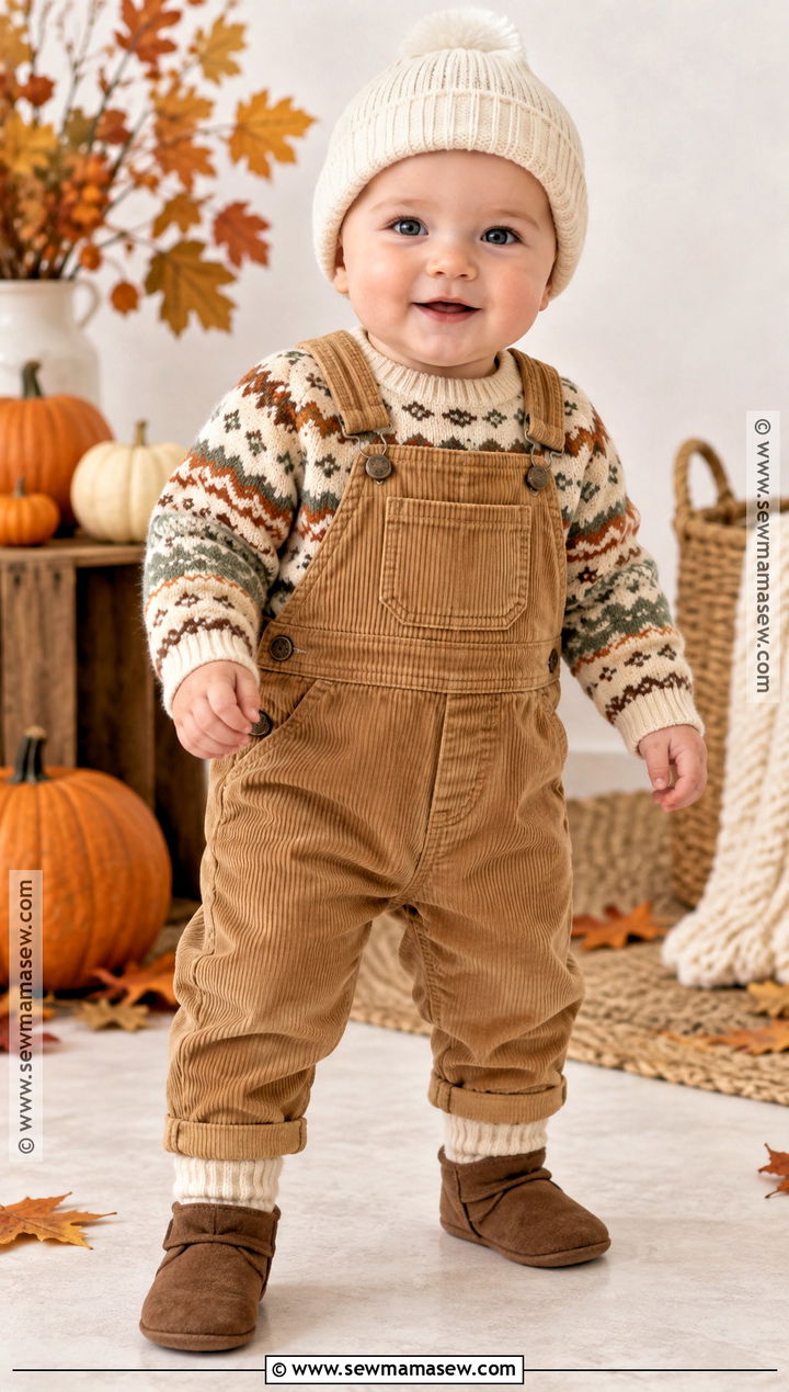 Fair Isle Knit Baby Sweater With Corduroy Overalls - 15 Knit Baby Sweater Fall Style Ideas