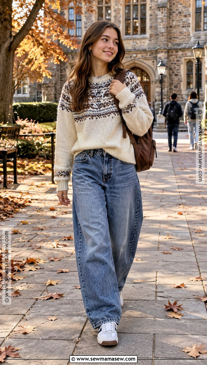 Fair Isle Sweater And Barrel Jeans Fall School Outfit - 20 fall school outfits highschool