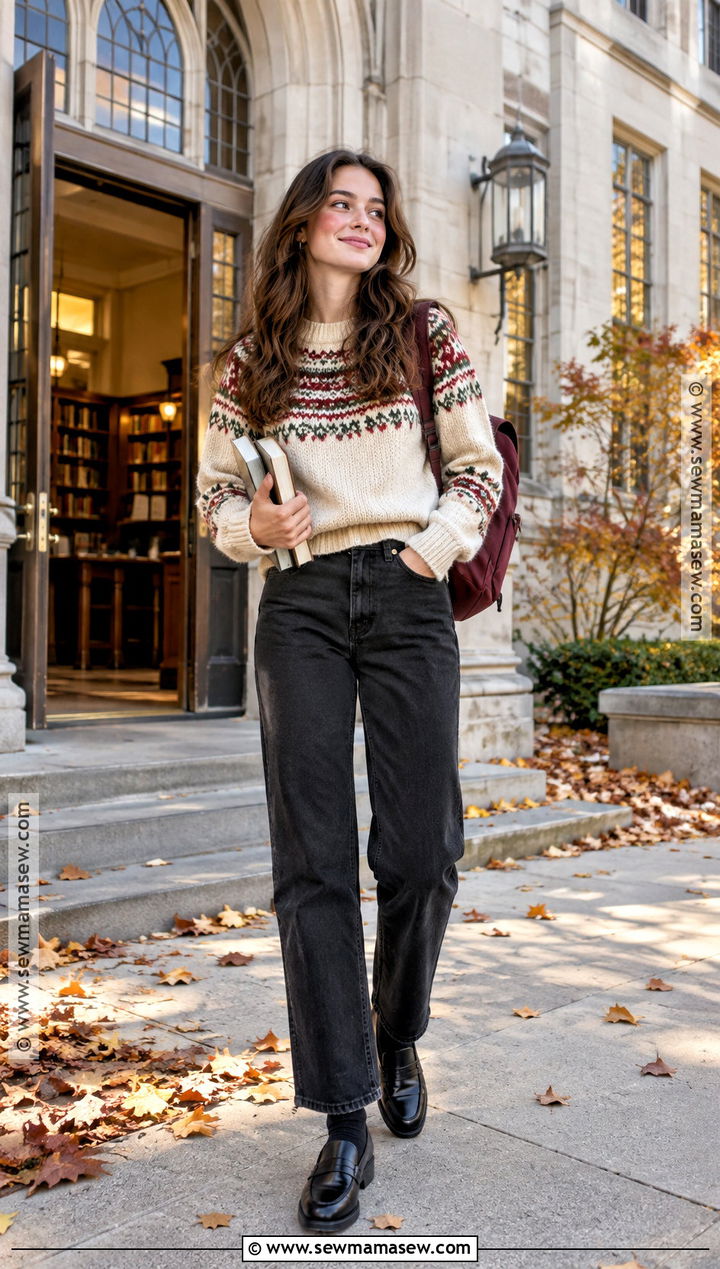Fair Isle Sweater And Black Jeans School Outfit - 20 School Outfit Inspo Fall Ideas