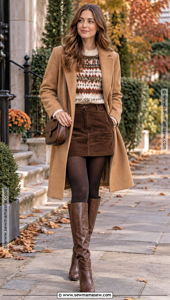 Fair Isle Sweater And Brown Mini Skirt Outfit - 20 sweater and mini skirt outfit fall ideas