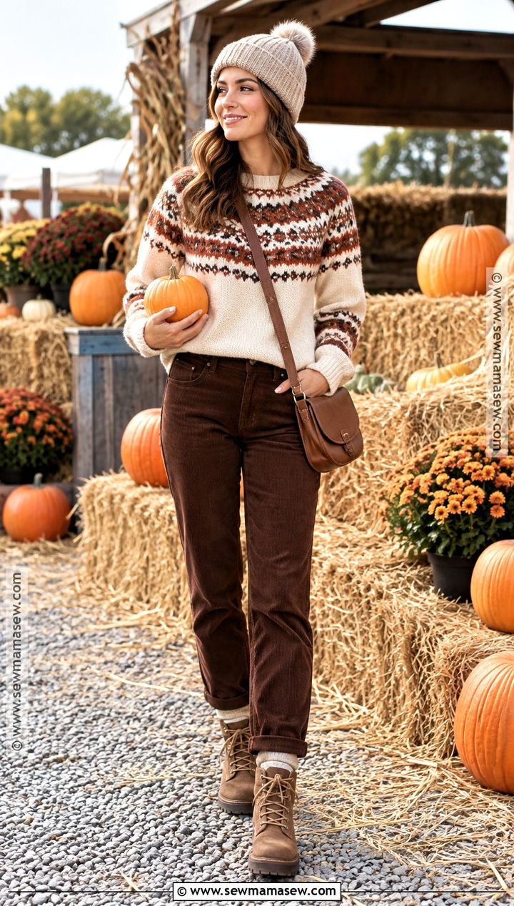 Fair Isle Sweater And Brown Pants Pumpkin Patch Outfit - 20 warm pumpkin patch outfit ideas