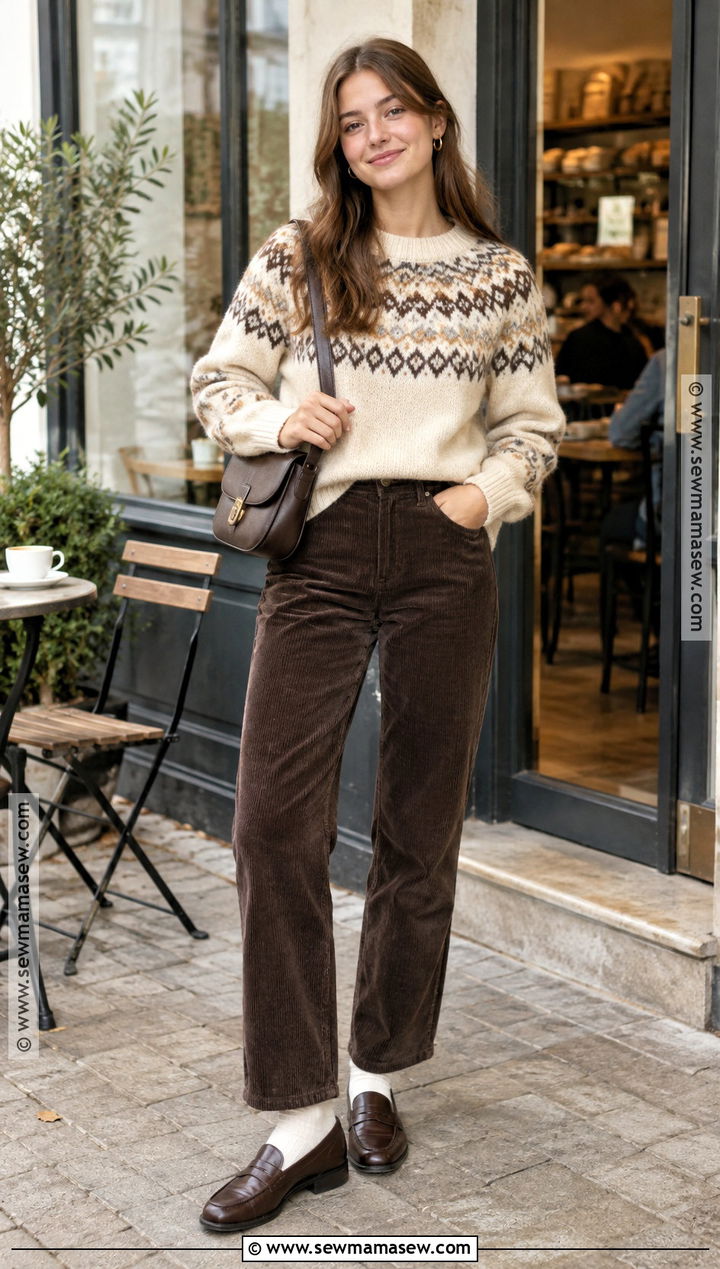 Fair Isle Sweater And Corduroy Pants Fall College Outfit - 15 fall fashion college ideas