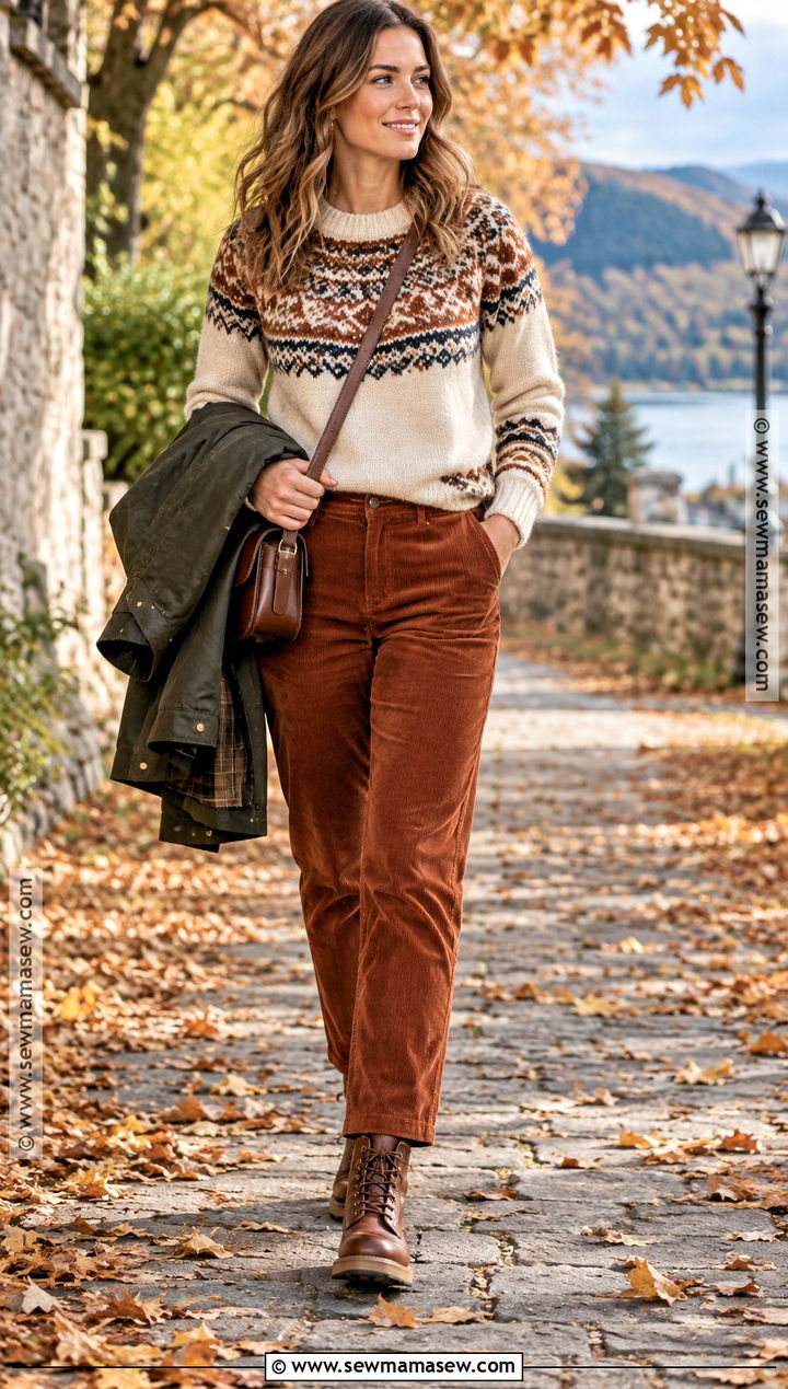 Fair Isle Sweater And Corduroy Pants Fall Outfit - 15 fall outfit ideas
