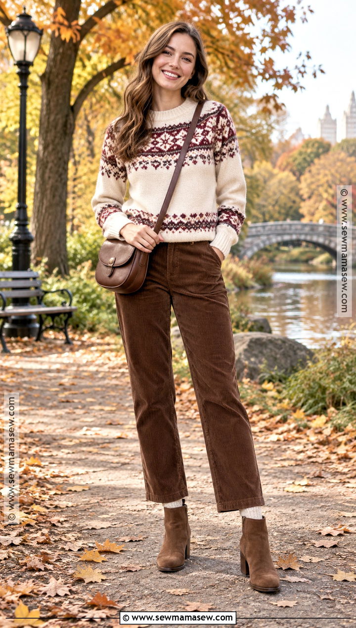 Fair Isle Sweater And Corduroy Pants Fall Outfit - 25 Warm Fall Outfits Weather
