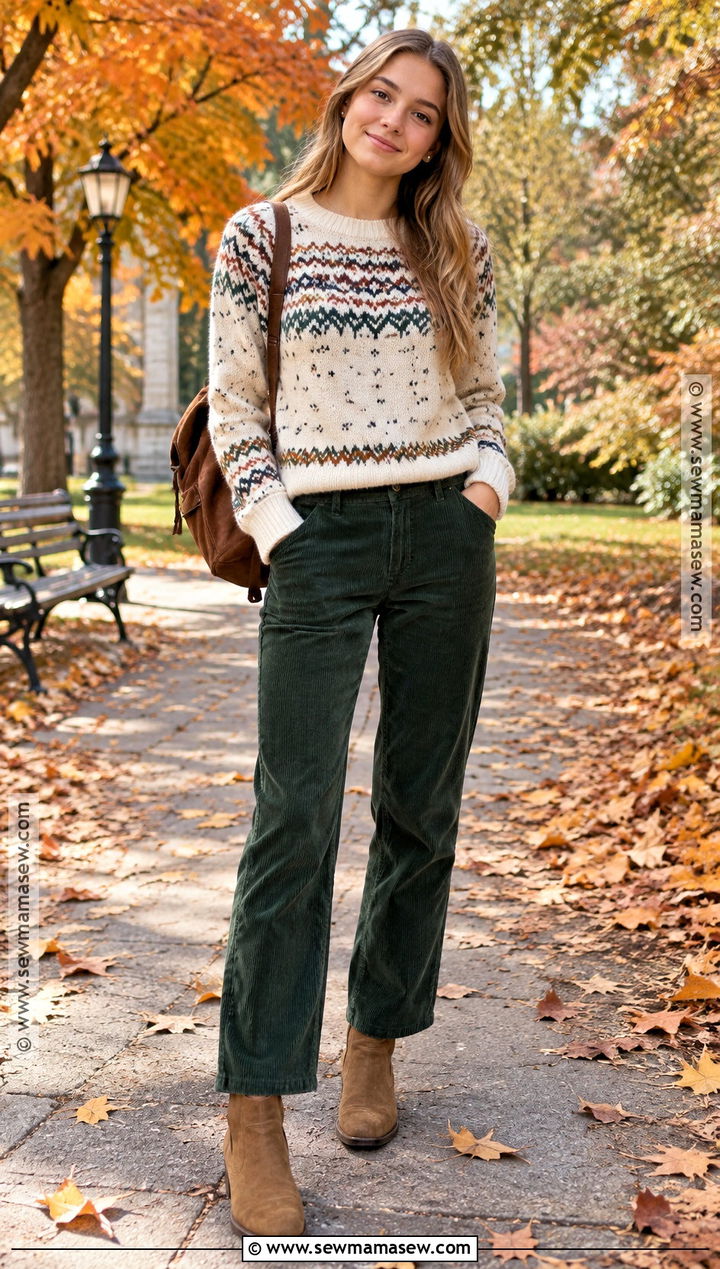 Fair Isle Sweater And Corduroy Pants Fall Outfit - 15 fall outfit inspo teen ideas for girls