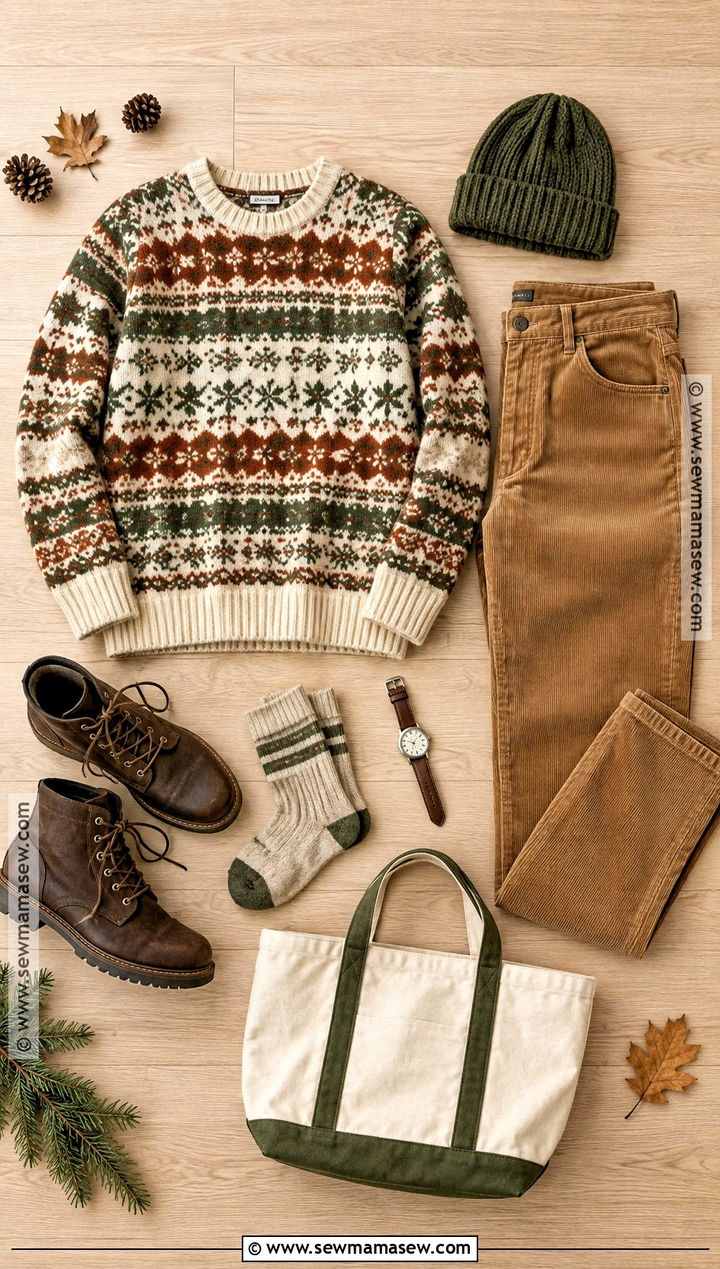 Fair Isle Sweater And Corduroy Pants Flat Lay - 15 autumn fashion flat lay ideas