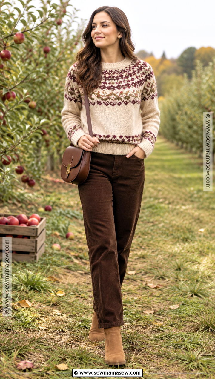 Fair Isle Sweater And Corduroy Pants Outfit - 15 Fall Cozy Outfit Casual Ideas
