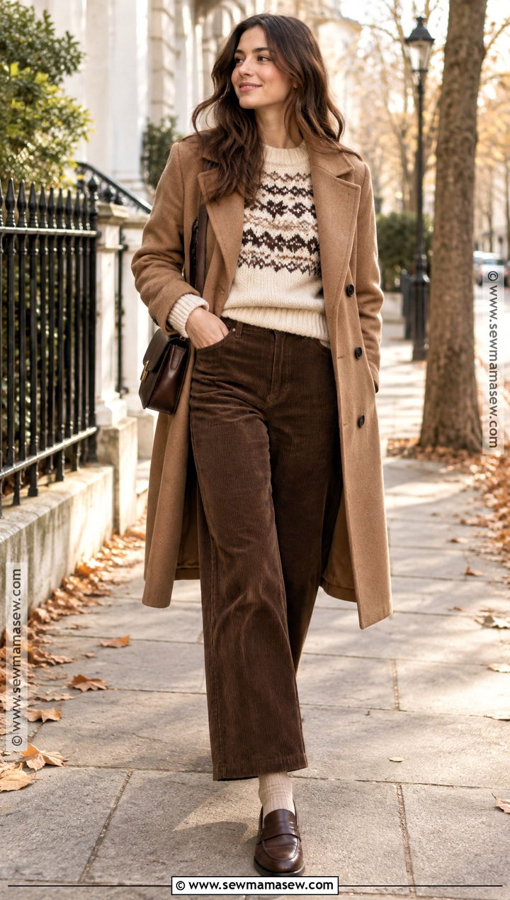 Fair Isle Sweater And Corduroy Pants Outfit - 15 Fall Winter Fashion Trends 2425