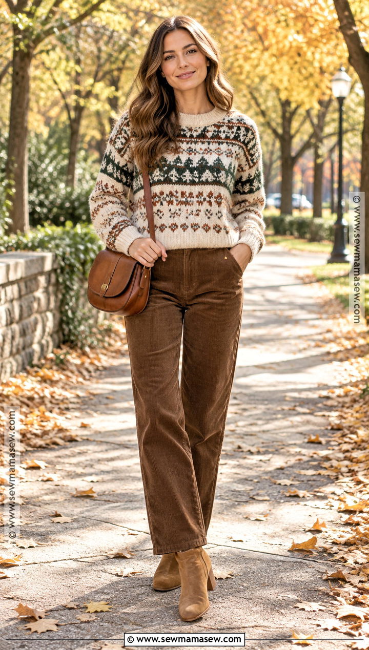 Fair Isle Sweater And Corduroy Pants Outfit - 20 Fall Fashion Ideas