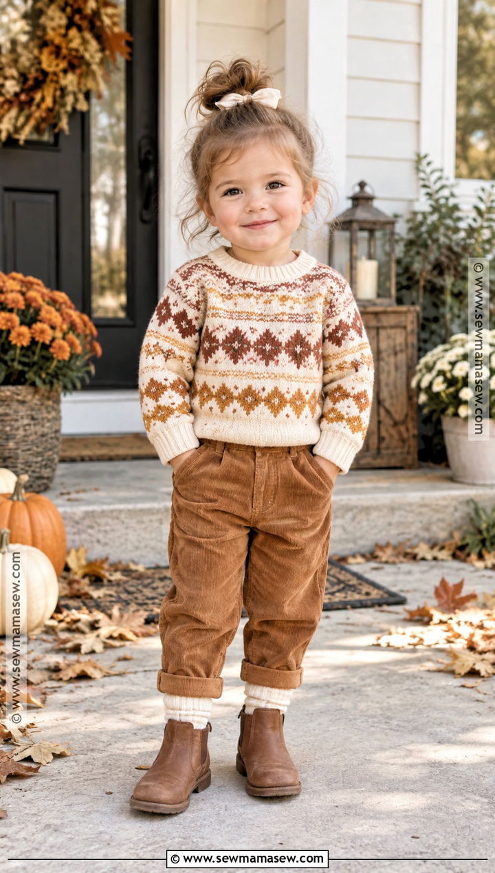 Fair Isle Sweater And Corduroy Pants Toddler Girl Thanksgiving Outfit - 15 Thanksgiving Toddler Girl Outfit Ideas