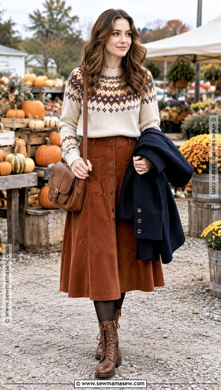 Fair Isle Sweater And Corduroy Skirt Fall Outfit - 20 Aesthetic Fall Outfit Ideas