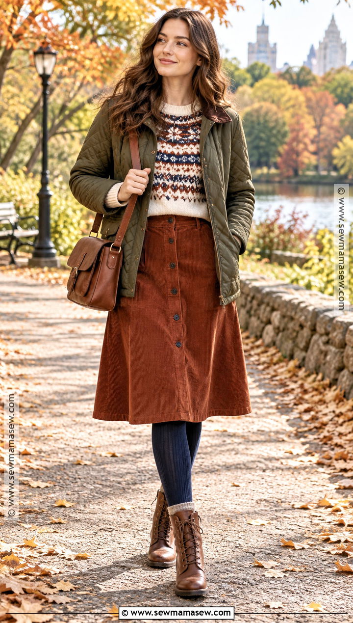 Fair Isle Sweater And Corduroy Skirt Outfit - 20 sweater and skirt outfit autumn ideas