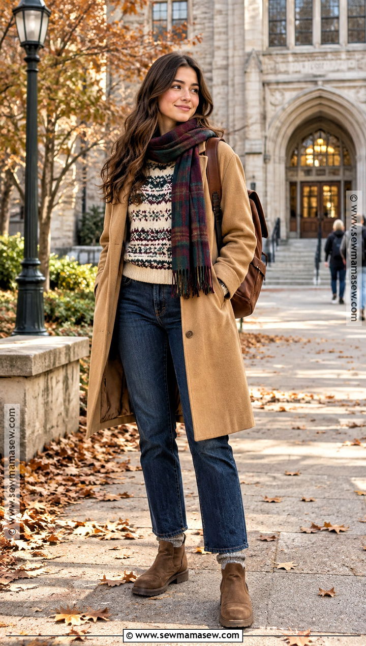 Fair Isle Sweater And Dark Wash Jeans College Outfit - 25 autumn college outfits