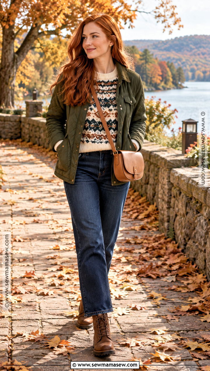 Fair Isle Sweater And Dark Wash Jeans Fall Outfit - 15 fall outfits for redheads