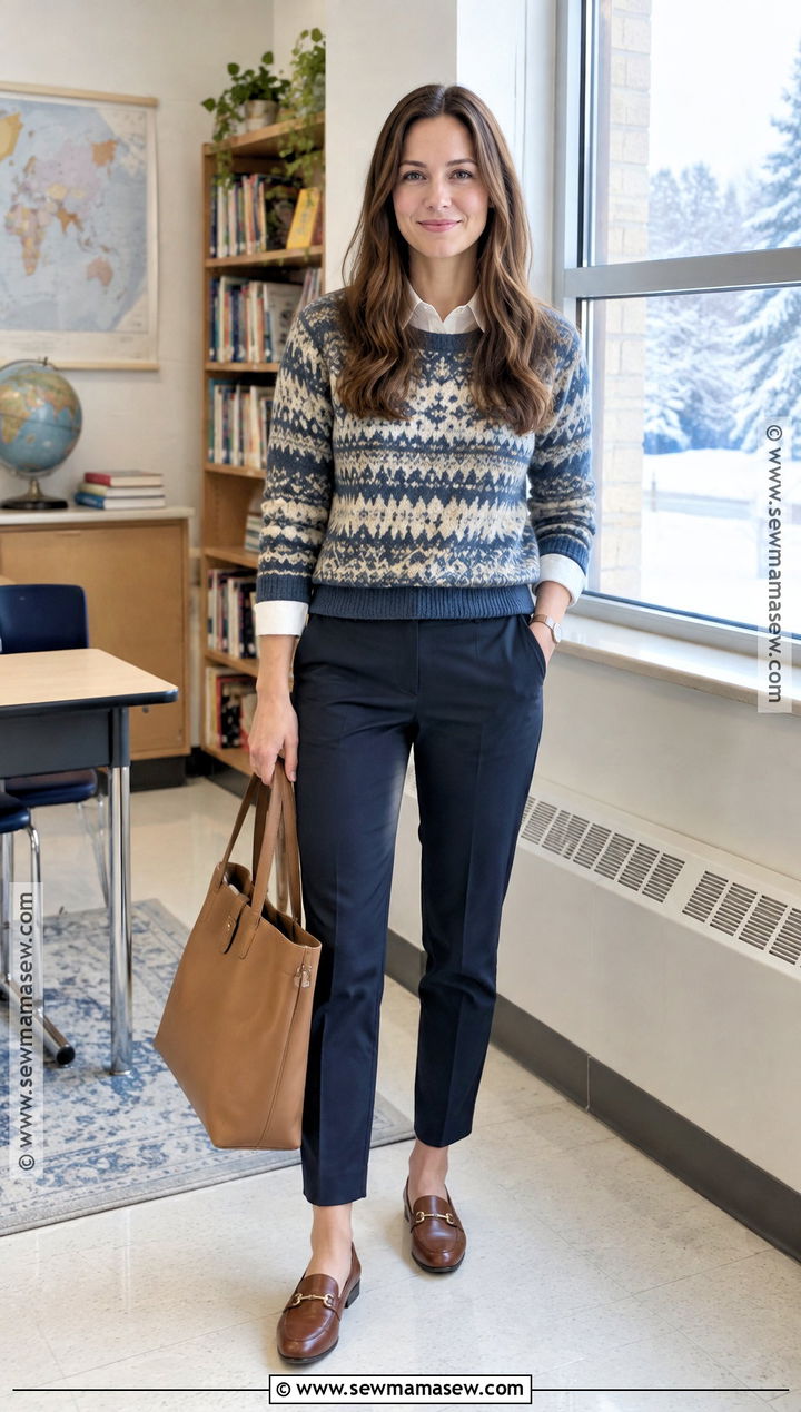 Fair Isle Sweater And Neutral Pants Teacher Outfit - 15 fall winter teacher outfits