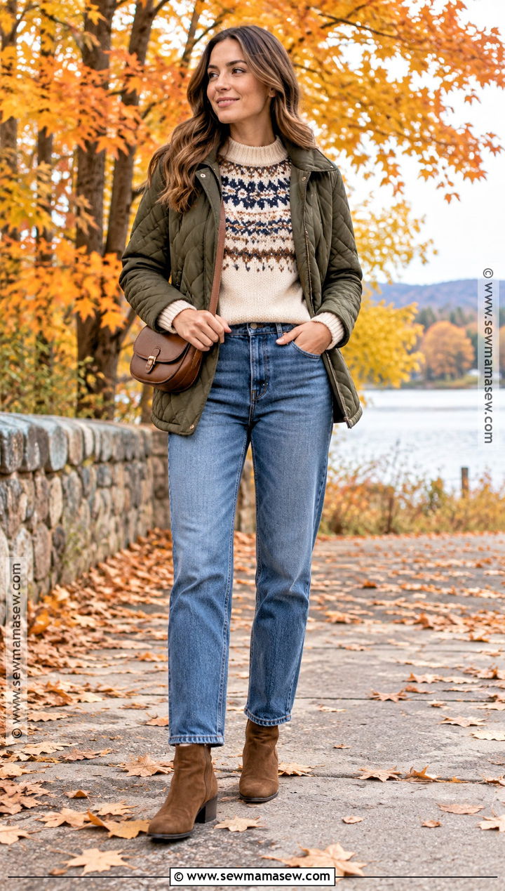 Fair Isle Sweater And Relaxed Jeans Fall Outfit - 30 cozy fall outfits