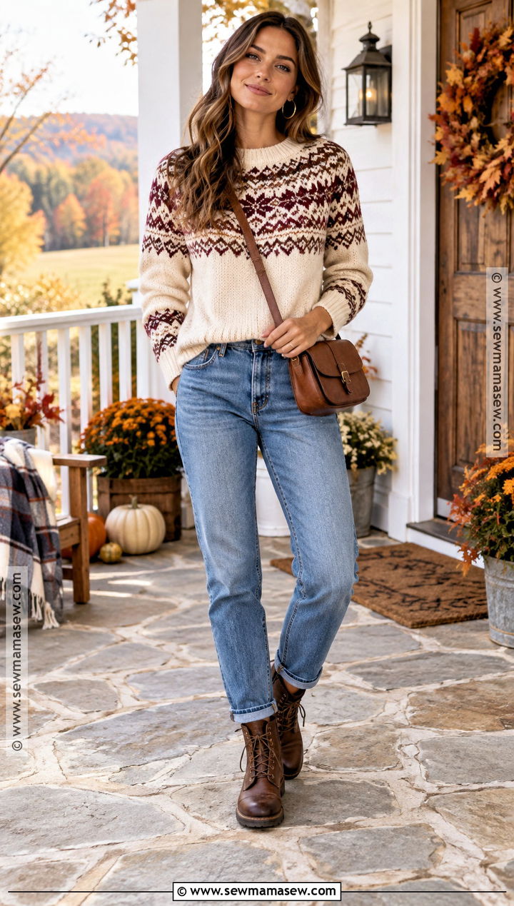 Fair Isle Sweater And Relaxed Jeans Outfit - 20 Thanksgiving Jeans Outfit